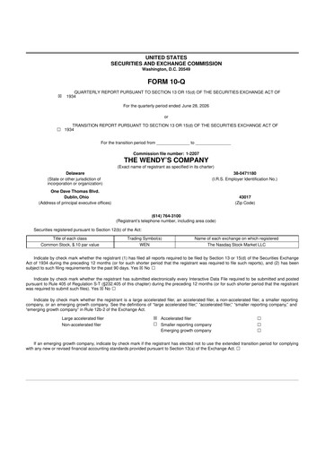 Miniature Wendy’s 10-Q Rapport trimestriel 2026 