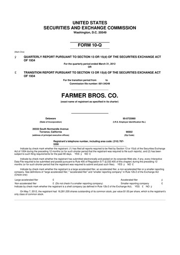Thumbnail Farmer Brothers
 10-Q Quarterly Report FY2012 