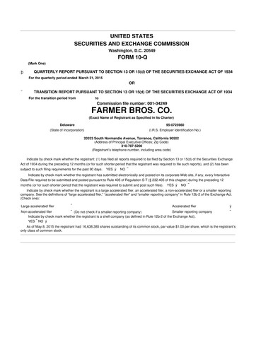 Thumbnail Farmer Brothers
 10-Q Quarterly Report FY2015 