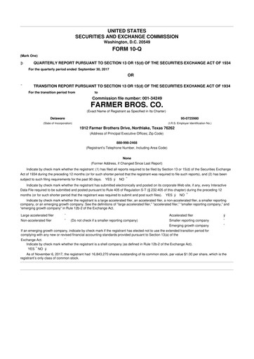Thumbnail Farmer Brothers
 10-Q Quarterly Report FY2018 