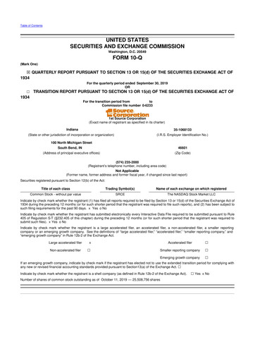 Thumbnail 1st Source
 10-Q Quarterly Report FY2019 