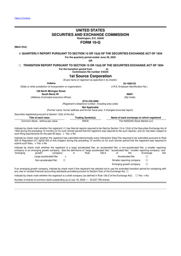 Thumbnail 1st Source
 10-Q Quarterly Report FY 