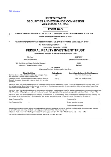 Thumbnail Federal Realty Investment Trust
 10-Q Quarterly Report FY2019 
