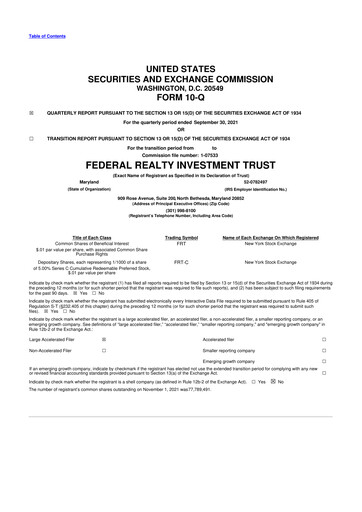 Thumbnail Federal Realty Investment Trust
 10-Q Quarterly Report FY2021 