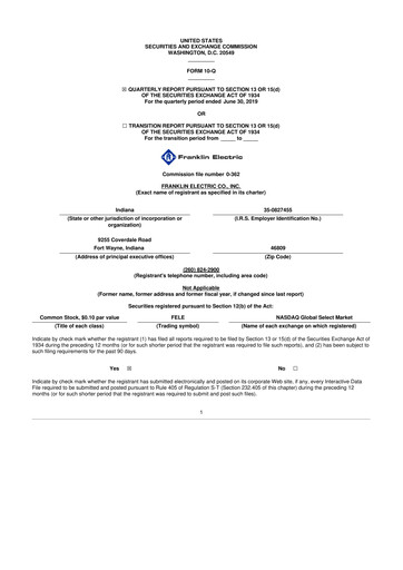 Miniature Franklin Electric
 10-Q Rapport trimestriel 2019 