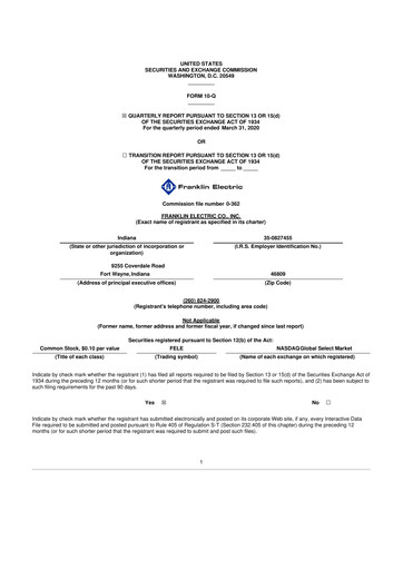 Miniature Franklin Electric
 10-Q Rapport trimestriel 2020 
