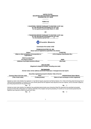 Thumbnail Franklin Electric
 10-Q Quarterly Report FY 