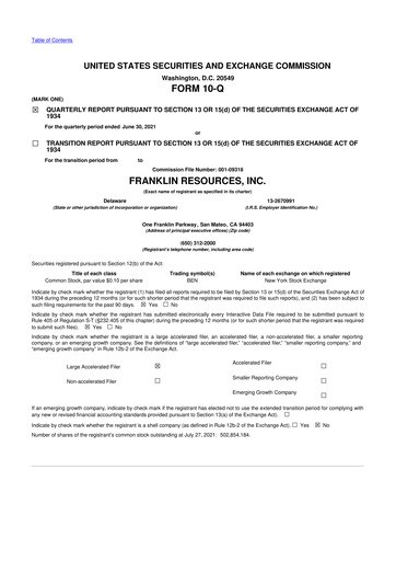 Thumbnail Franklin Resources 10-Q Quarterly Report FY2021 