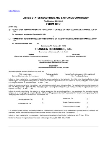 Thumbnail Franklin Resources 10-Q Quarterly Report FY2022 