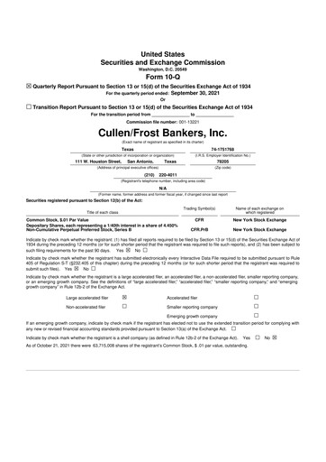Thumbnail Cullen/Frost Bankers 10-Q Quarterly Report FY2021 
