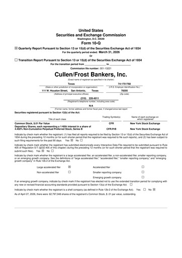 Miniature Cullen/Frost Bankers 10-Q Rapport trimestriel  