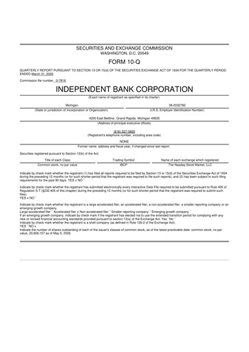 Thumbnail Independent Bank Corporation 10-Q Quarterly Report FY 