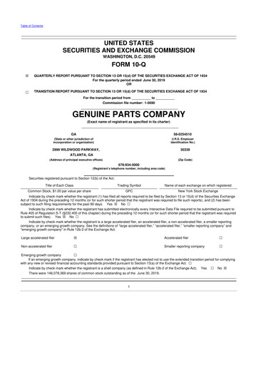 Thumbnail Genuine Parts Company
 10-Q Quarterly Report FY2019 