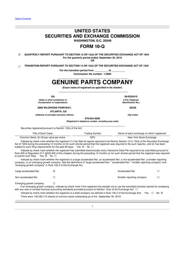 Thumbnail Genuine Parts Company
 10-Q Quarterly Report FY2019 