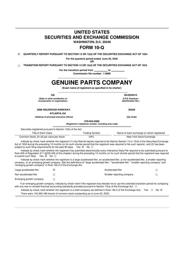 Thumbnail Genuine Parts Company
 10-Q Quarterly Report FY2020 