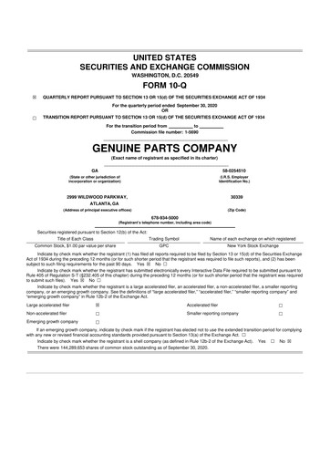 Thumbnail Genuine Parts Company
 10-Q Quarterly Report FY2020 