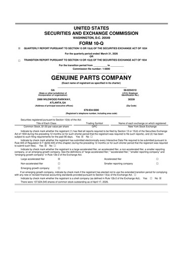 Miniature Genuine Parts Company
 10-Q Rapport trimestriel  