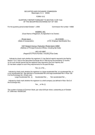 Thumbnail Hasbro 10-Q Quarterly Report FY 