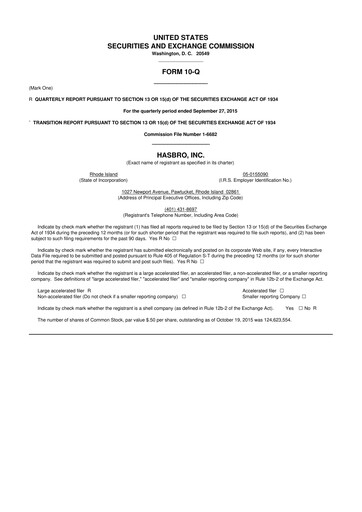 Thumbnail Hasbro 10-Q Quarterly Report FY2015 