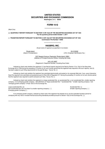 Thumbnail Hasbro 10-Q Quarterly Report FY2017 