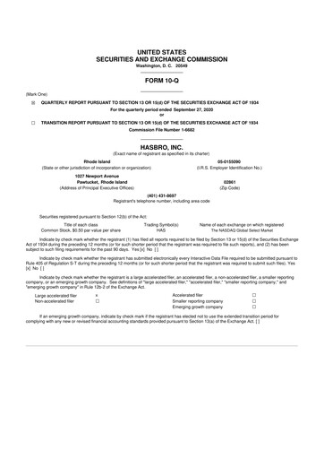 Thumbnail Hasbro 10-Q Quarterly Report FY2020 