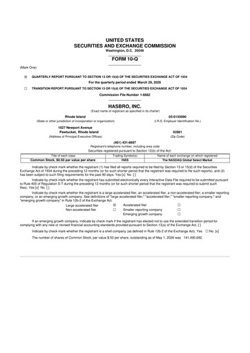 Thumbnail Hasbro 10-Q Quarterly Report FY 