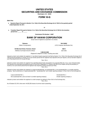 Thumbnail Bank of Hawaii
 10-Q Quarterly Report FY2013 