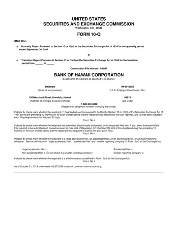 Thumbnail Bank of Hawaii
 10-Q Quarterly Report FY2014 