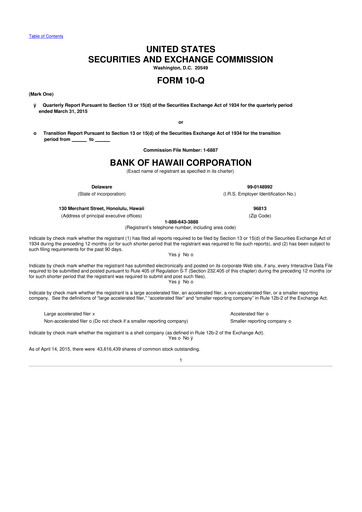 Thumbnail Bank of Hawaii
 10-Q Quarterly Report FY2015 