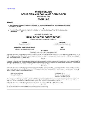 Thumbnail Bank of Hawaii
 10-Q Quarterly Report FY2019 