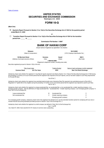 Thumbnail Bank of Hawaii
 10-Q Quarterly Report FY2020 