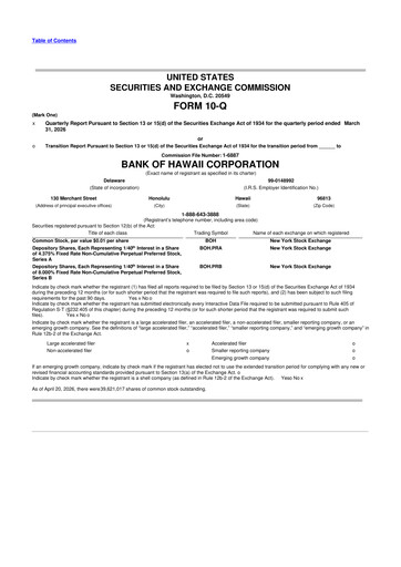 Thumbnail Bank of Hawaii
 10-Q Quarterly Report FY 