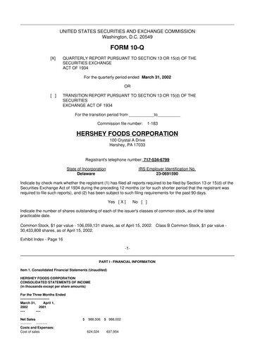 Thumbnail The Hershey Company 10-Q Quarterly Report FY 