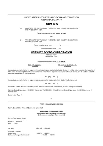 Thumbnail The Hershey Company 10-Q Quarterly Report FY 