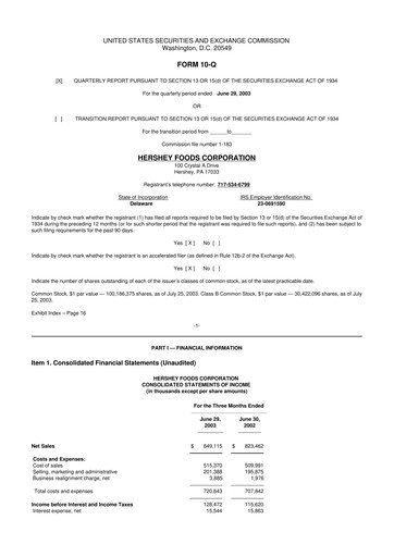 Thumbnail The Hershey Company 10-Q Quarterly Report FY 