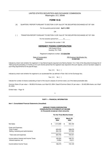 Thumbnail The Hershey Company 10-Q Quarterly Report FY 