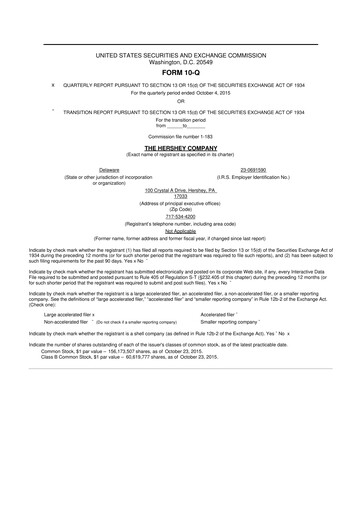 Thumbnail The Hershey Company 10-Q Quarterly Report FY2015 