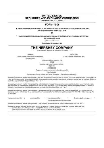Thumbnail The Hershey Company 10-Q Quarterly Report FY2016 
