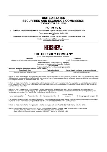 Thumbnail The Hershey Company 10-Q Quarterly Report FY2021 