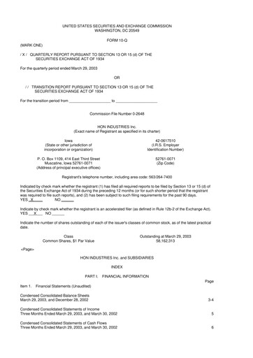 Thumbnail HNI Corporation
 10-Q Quarterly Report FY 