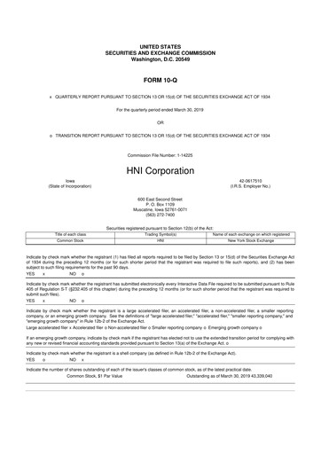 Thumbnail HNI Corporation
 10-Q Quarterly Report FY2019 