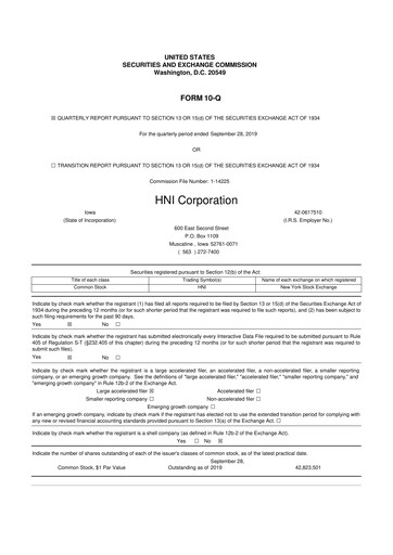 Thumbnail HNI Corporation
 10-Q Quarterly Report FY2019 