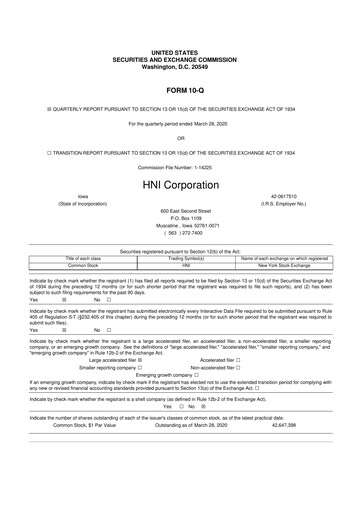 Thumbnail HNI Corporation
 10-Q Quarterly Report FY2020 