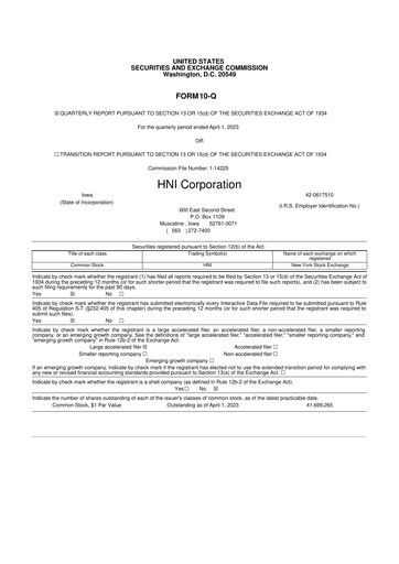 Thumbnail HNI Corporation
 10-Q Quarterly Report FY2023 
