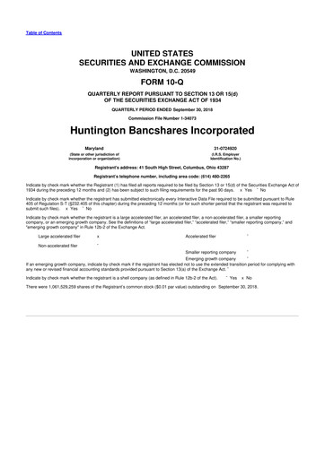 Thumbnail Huntington Bancshares
 10-Q Quarterly Report FY2018 