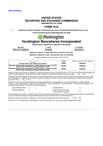 Thumbnail Huntington Bancshares
 10-Q Quarterly Report FY2020 