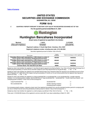 Thumbnail Huntington Bancshares
 10-Q Quarterly Report FY2021 