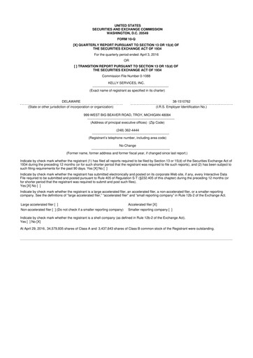 Miniature Kelly Services
 10-Q Rapport trimestriel 2016 