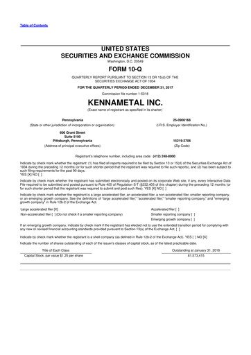 Miniature Kennametal 10-Q Rapport trimestriel 2018 