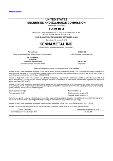 Miniature Kennametal 10-Q Rapport trimestriel 2019 